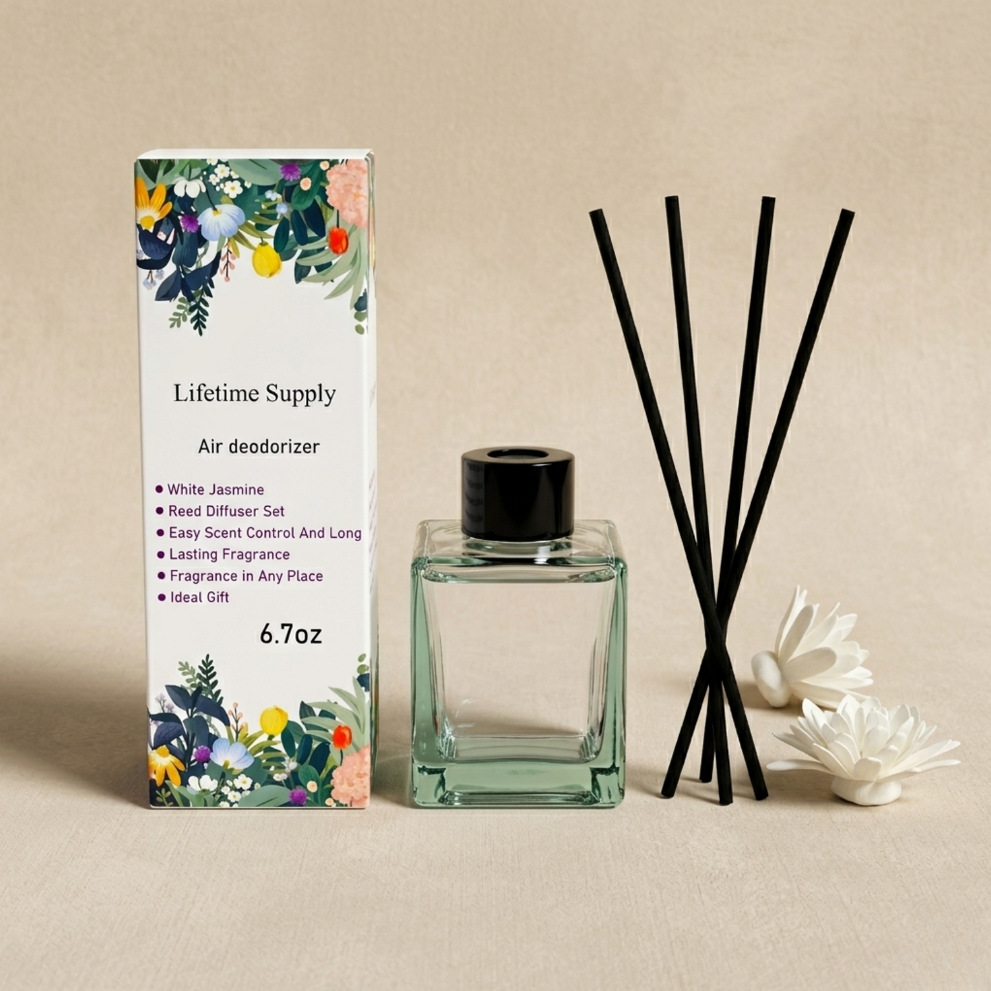 Air Deodorizer Reed Diffuser Set – White Jasmine Scent, Long-Lasting Fragrance (6.7oz)