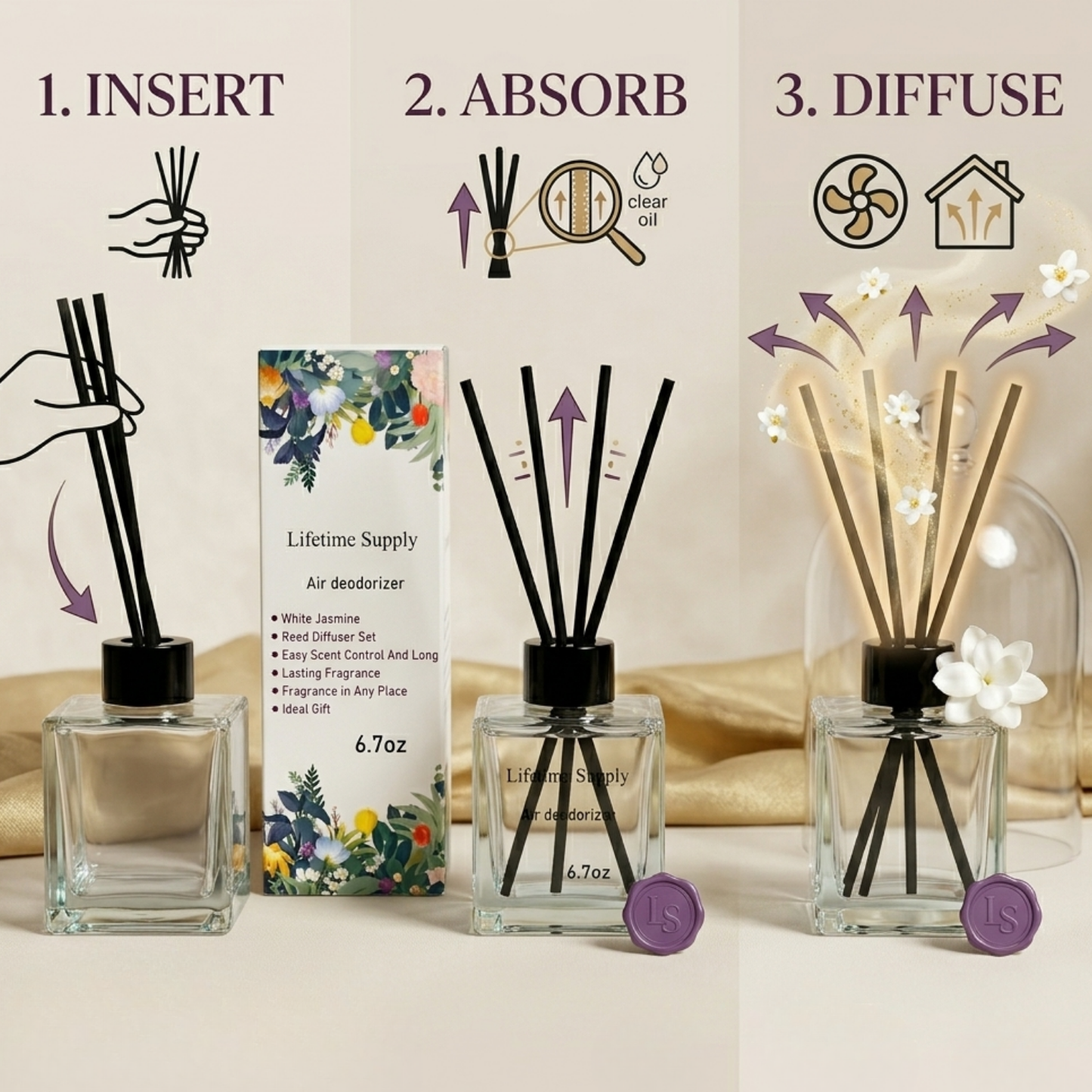 Air Deodorizer Reed Diffuser Set – White Jasmine Scent, Long-Lasting Fragrance (6.7oz)