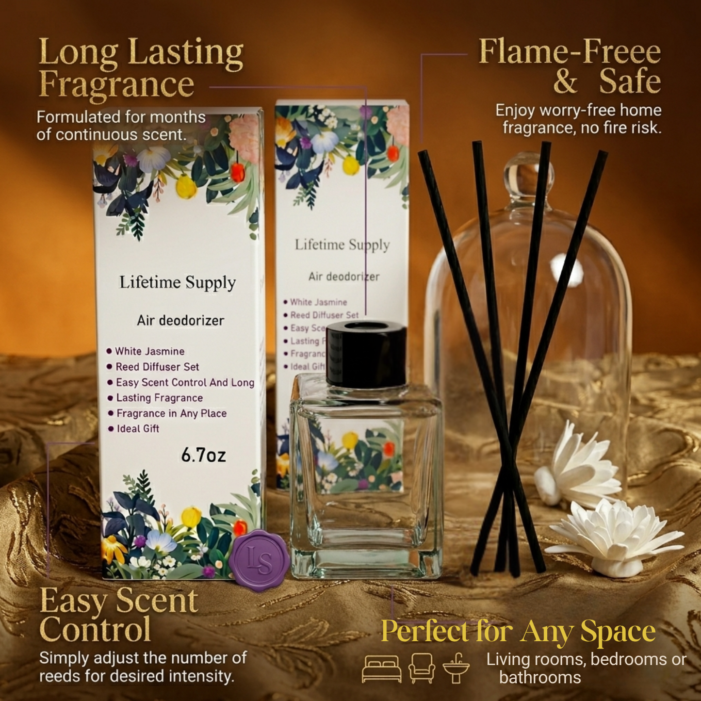 Air Deodorizer Reed Diffuser Set – White Jasmine Scent, Long-Lasting Fragrance (6.7oz)
